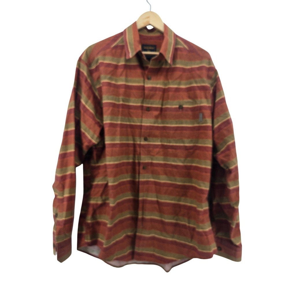 Woolrich Button Front Shirt Mens Large Red Brown Striped Herringbone Long Sleeve